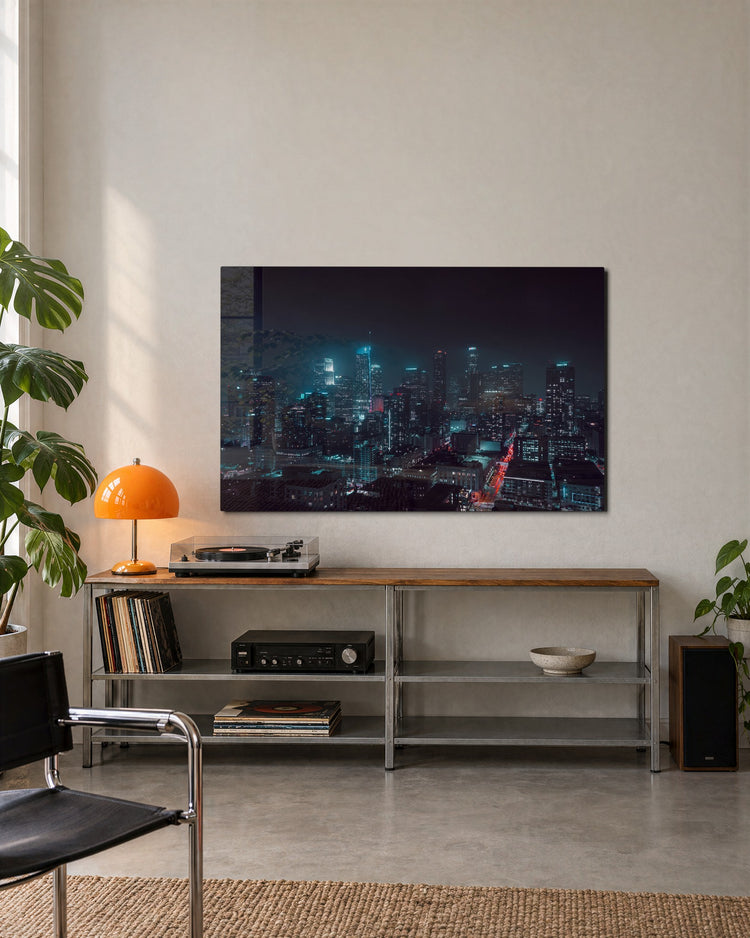 Teal City Lights at Night glass wall art, lifestyle view