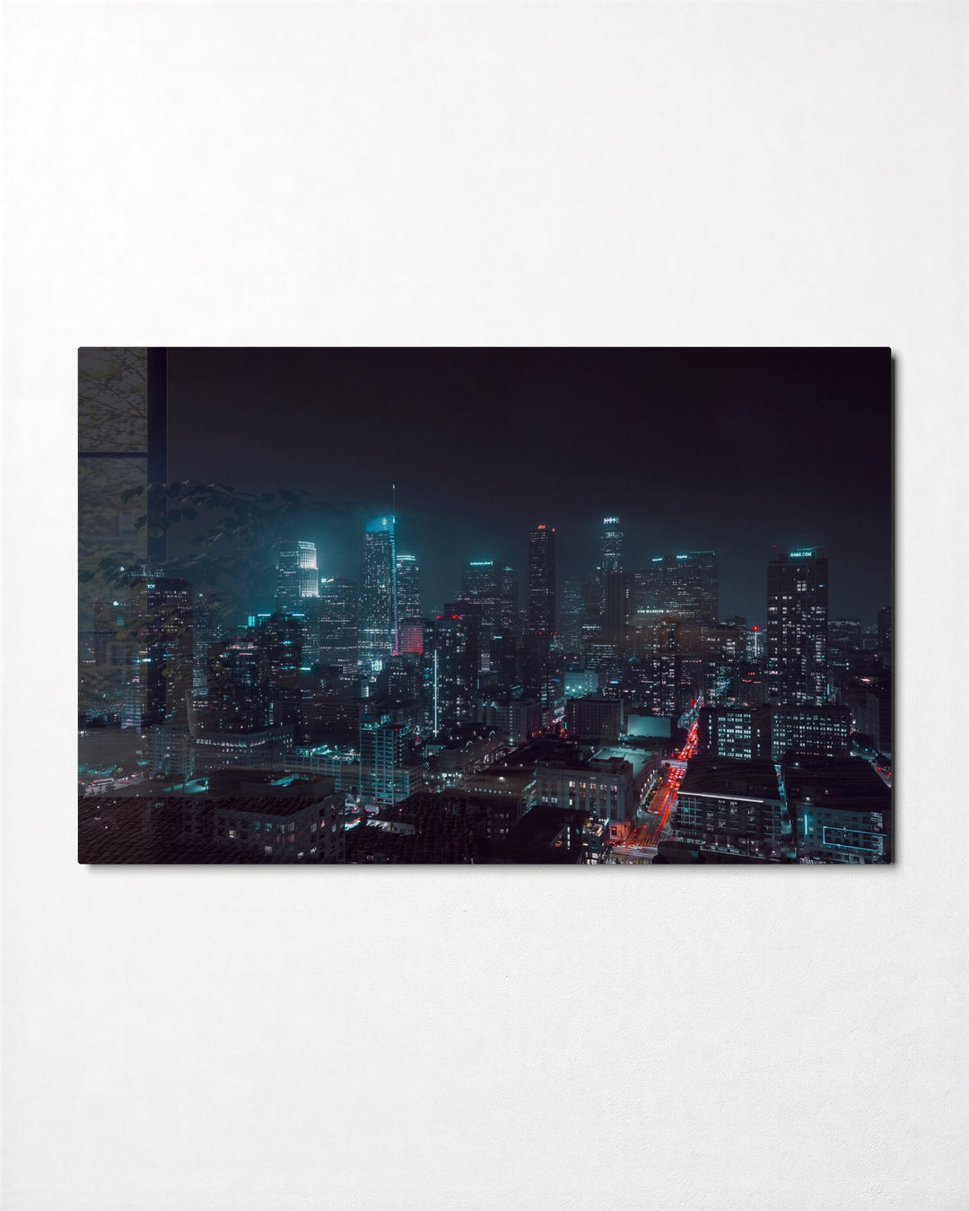 Teal City Lights at Night glass wall art, front view