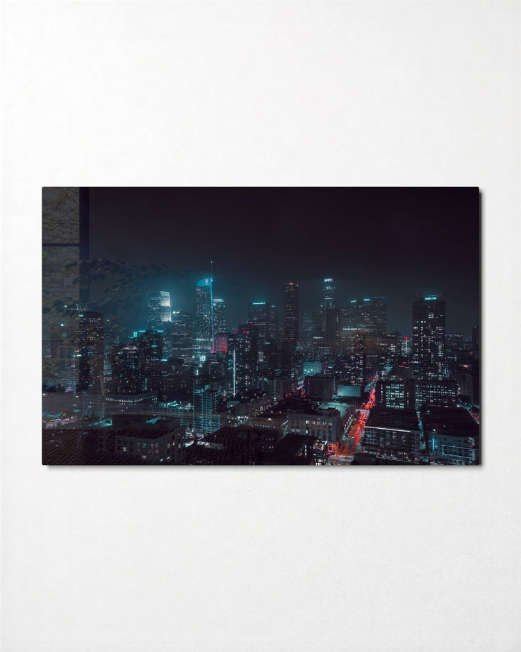 Teal City Lights at Night glass wall art, front view