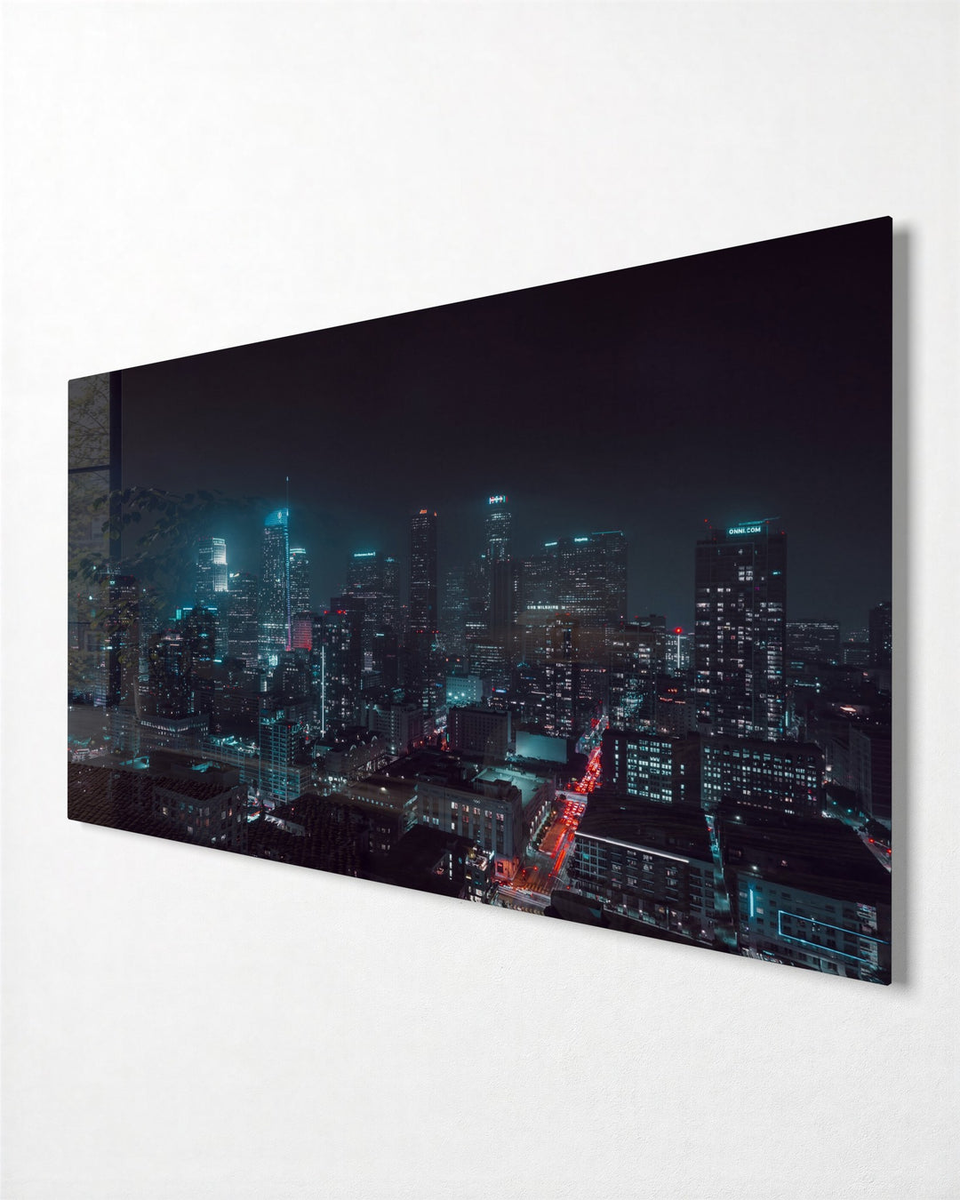 Teal City Lights at Night glass wall art, side view