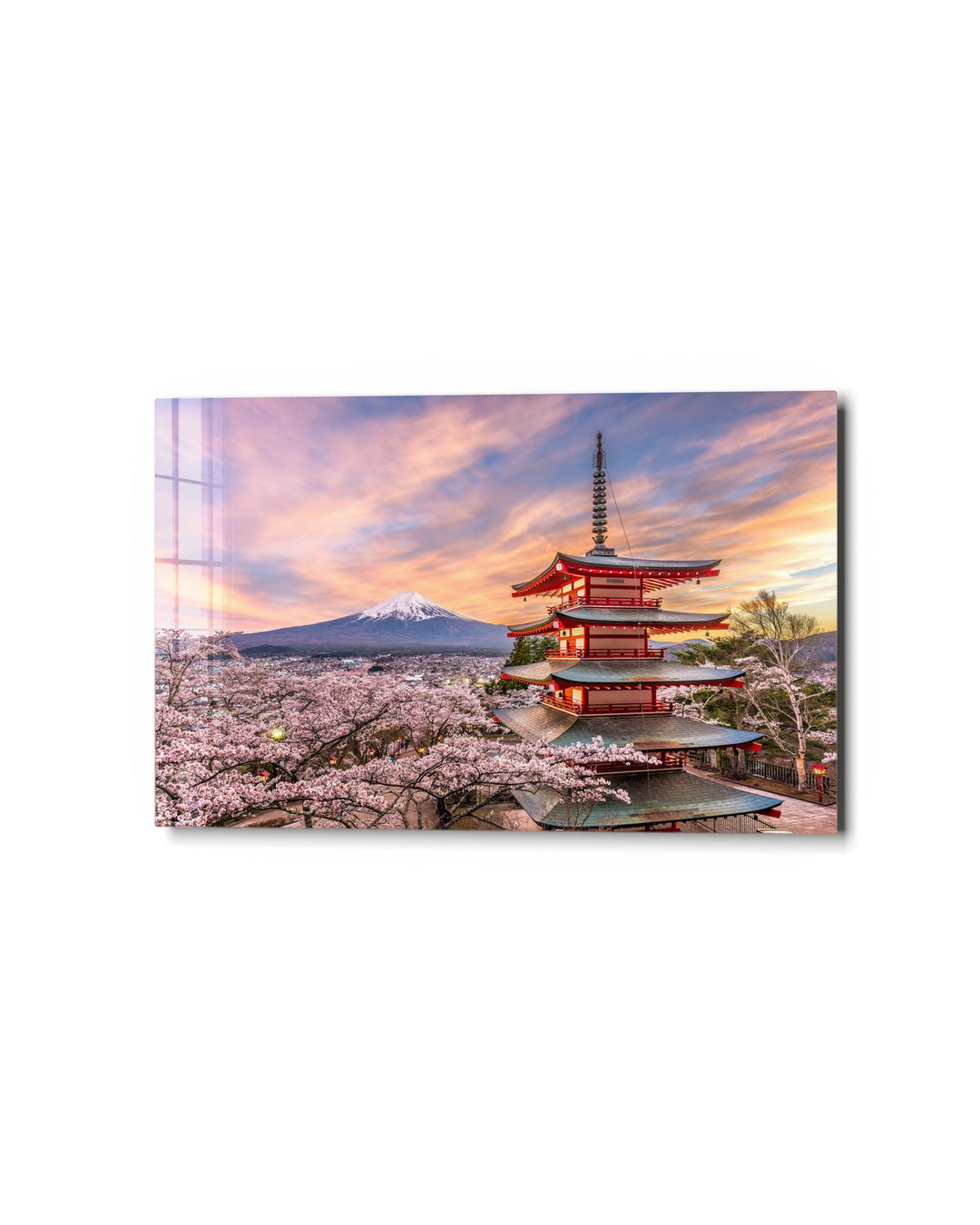 Pagoda in Cherry Blossom glass wall art, studio view