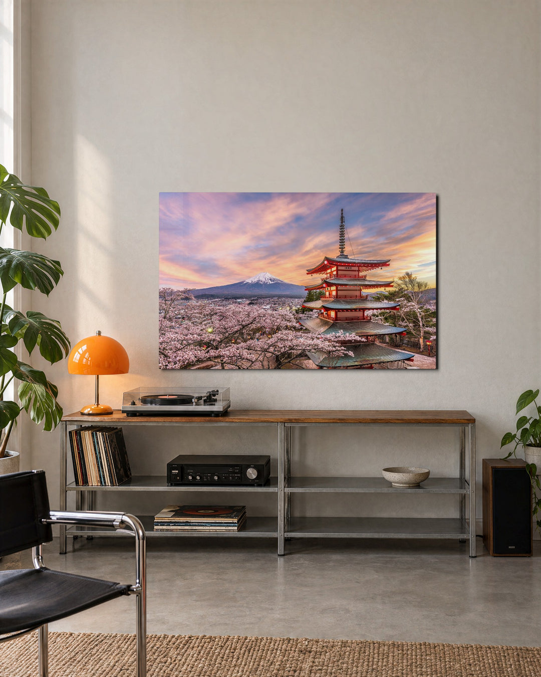 Pagoda in Cherry Blossom glass wall art, lifestyle view