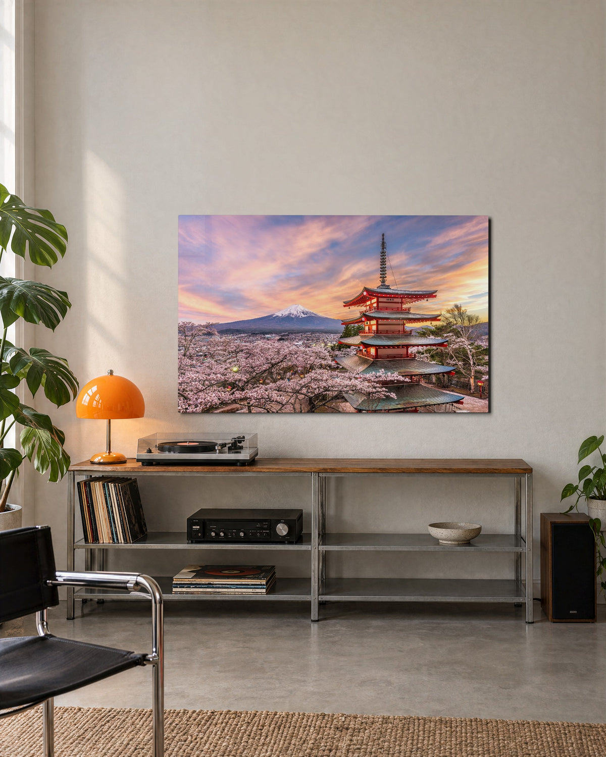 Pagoda in Cherry Blossom glass wall art, lifestyle view