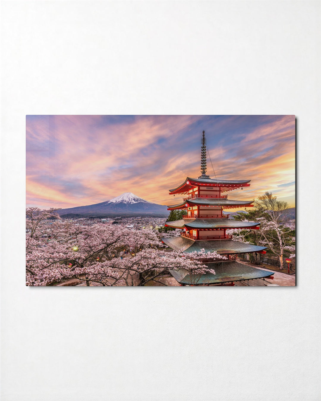 Pagoda in Cherry Blossom glass wall art, front view