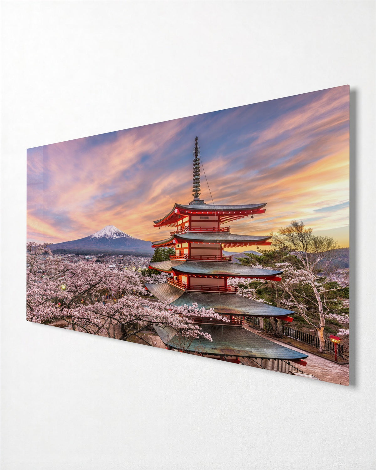 Pagoda in Cherry Blossom glass wall art, side view