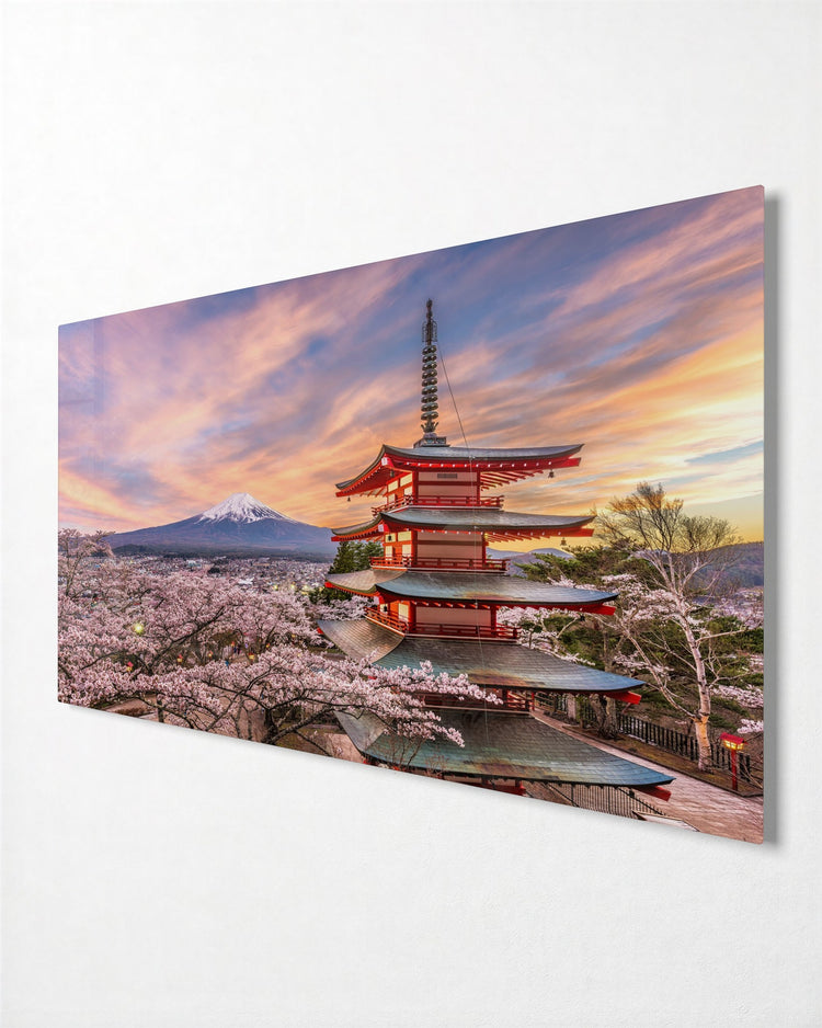 Pagoda in Cherry Blossom glass wall art, side view