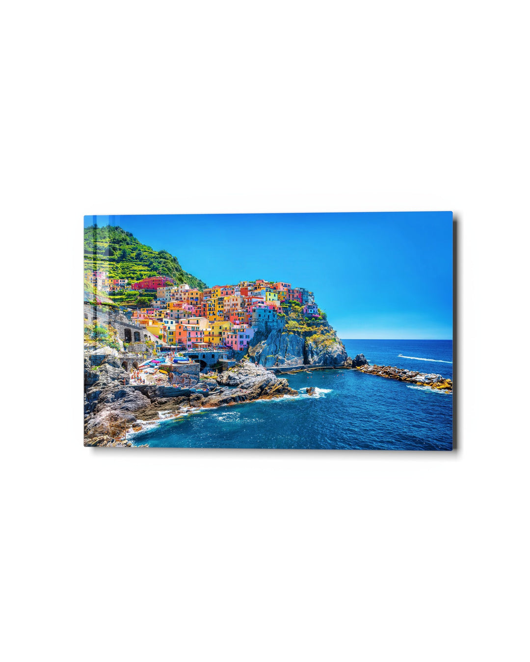 Painted Houses Above the Sea glass wall art, studio view