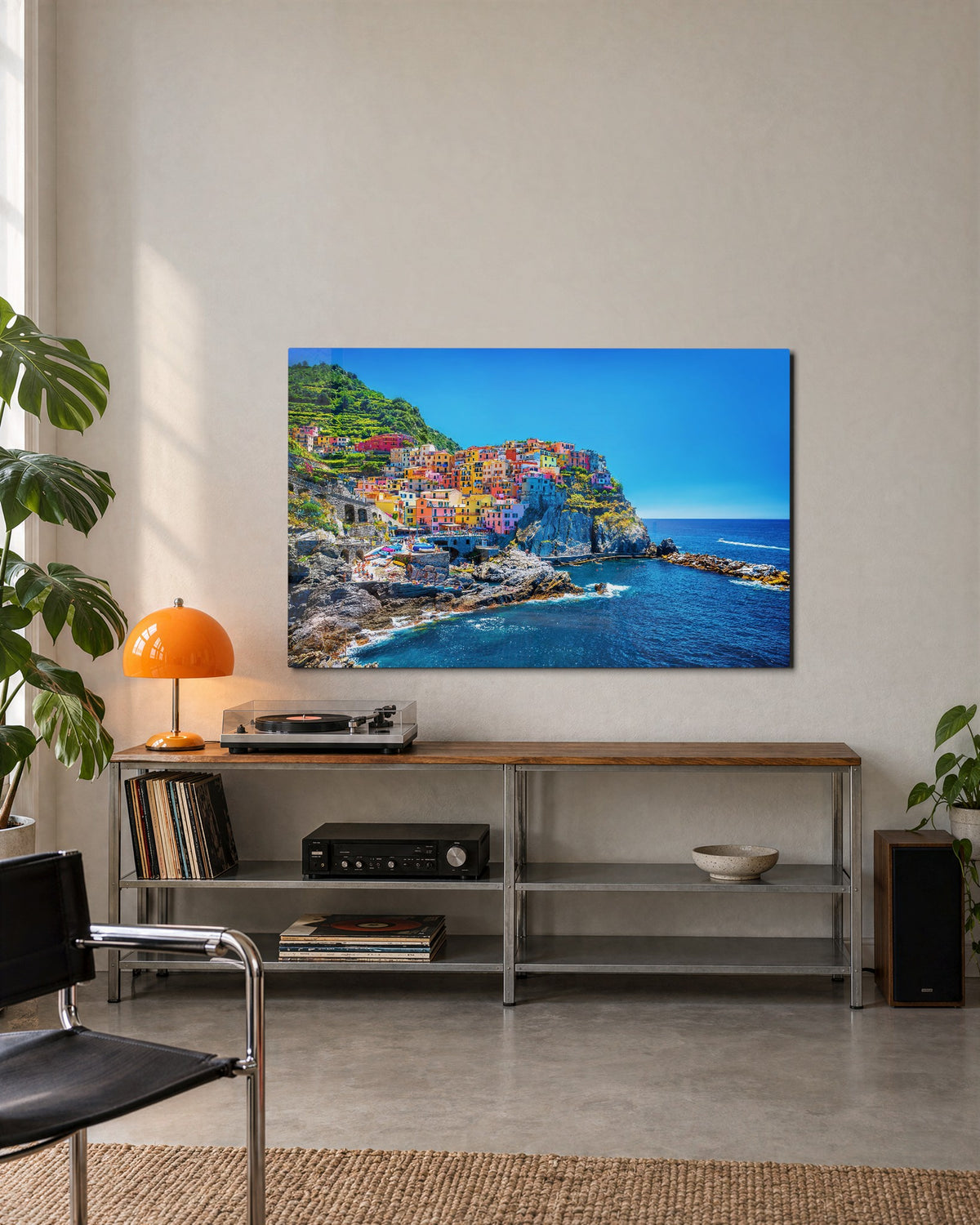 Painted Houses Above the Sea glass wall art, lifestyle view