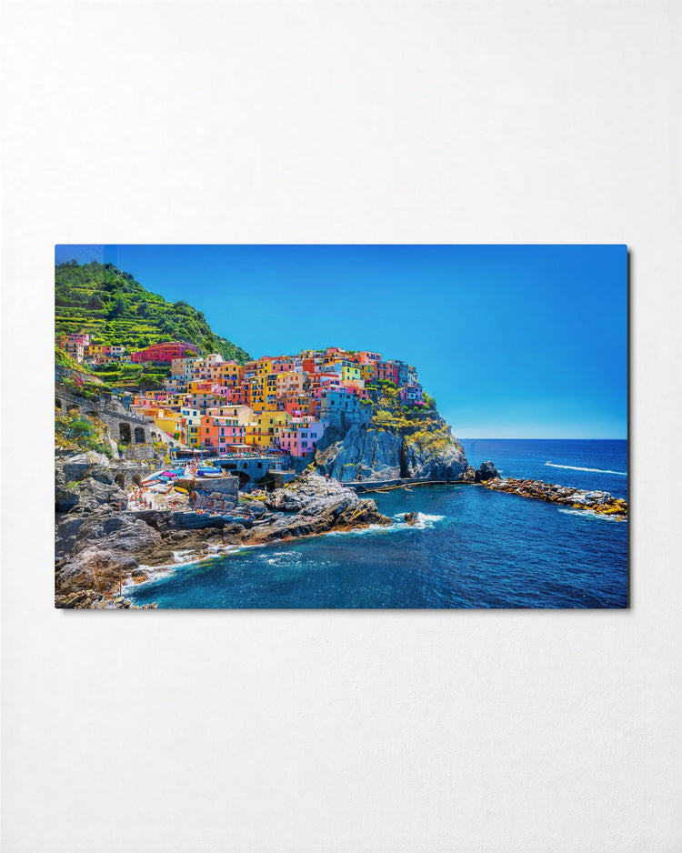 Painted Houses Above the Sea glass wall art, front view