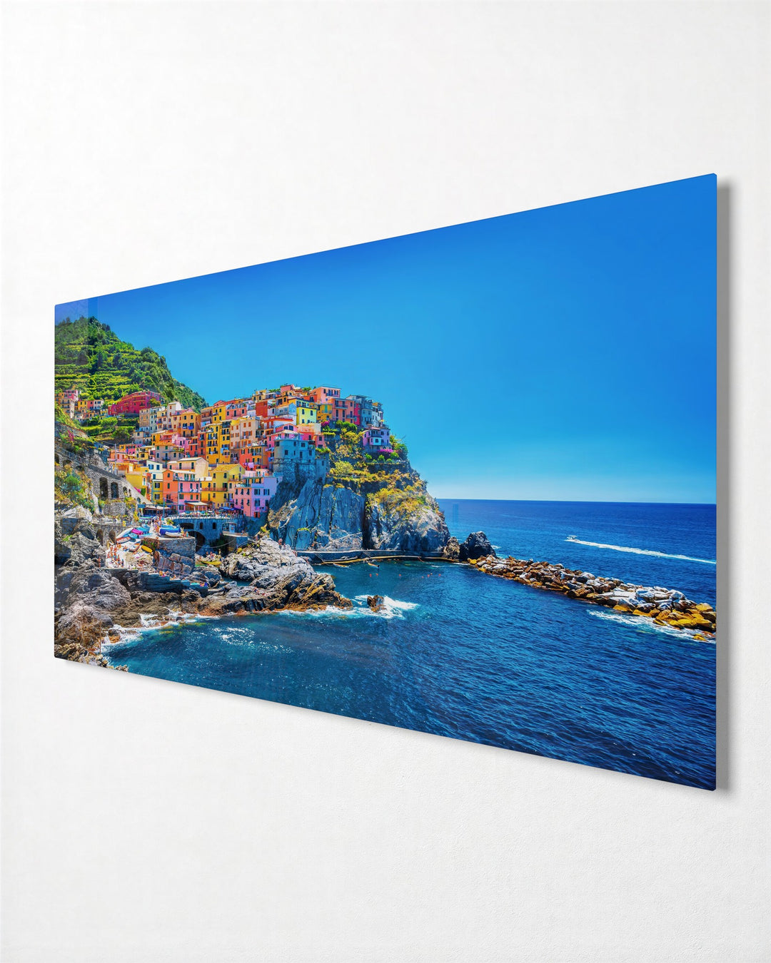 Painted Houses Above the Sea glass wall art, side view
