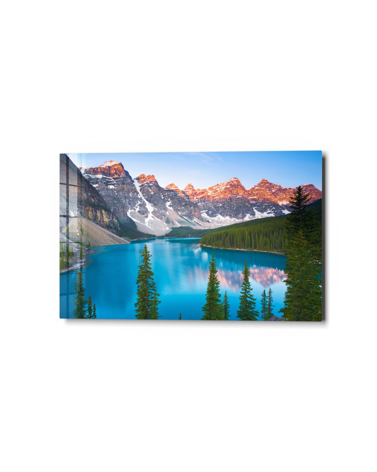 Dawn Over the Glacier Lake glass wall art, studio view