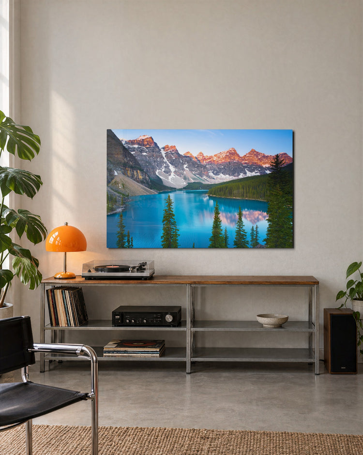 Dawn Over the Glacier Lake glass wall art, lifestyle view