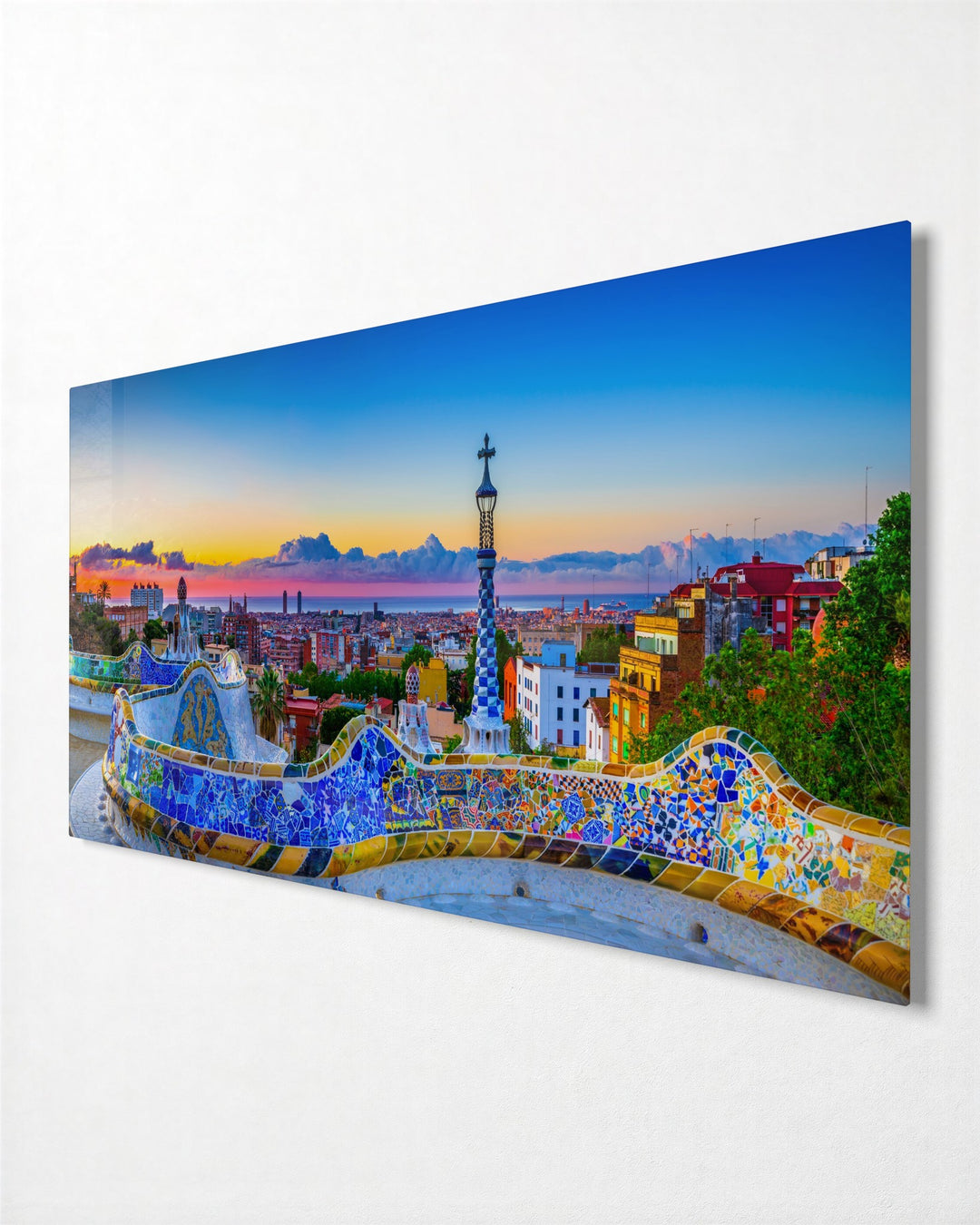Mosaic Terrace Over the City glass wall art, side view