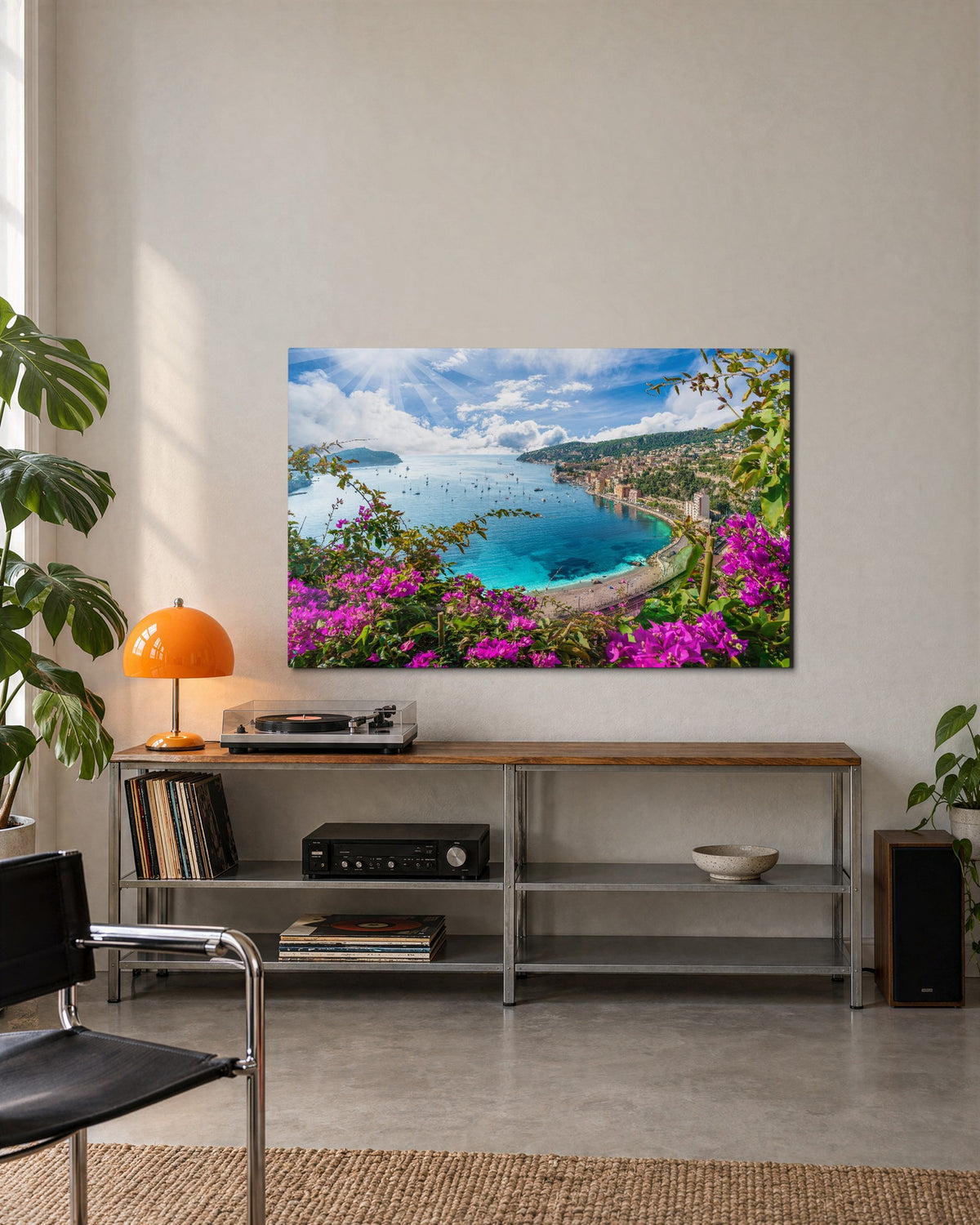 Riviera Through the Flowers glass wall art, lifestyle view