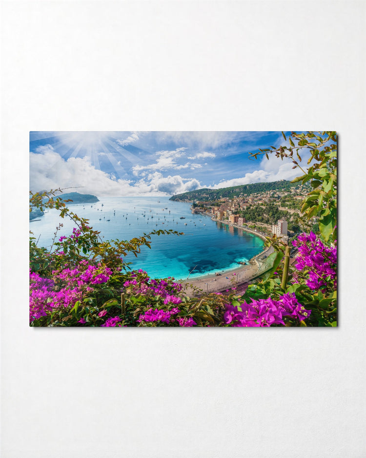 Riviera Through the Flowers glass wall art, front view