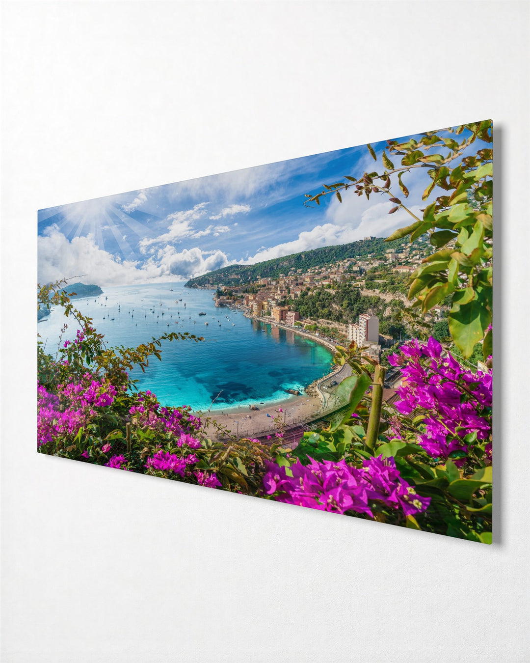 Riviera Through the Flowers glass wall art, side view