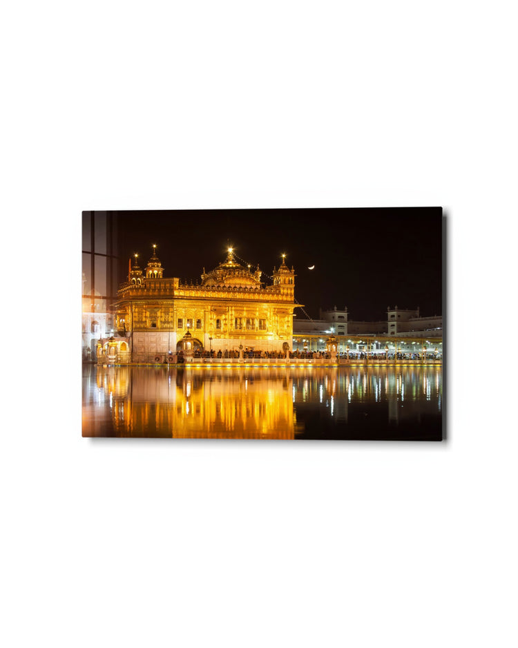 Golden Temple at Night glass wall art, studio view