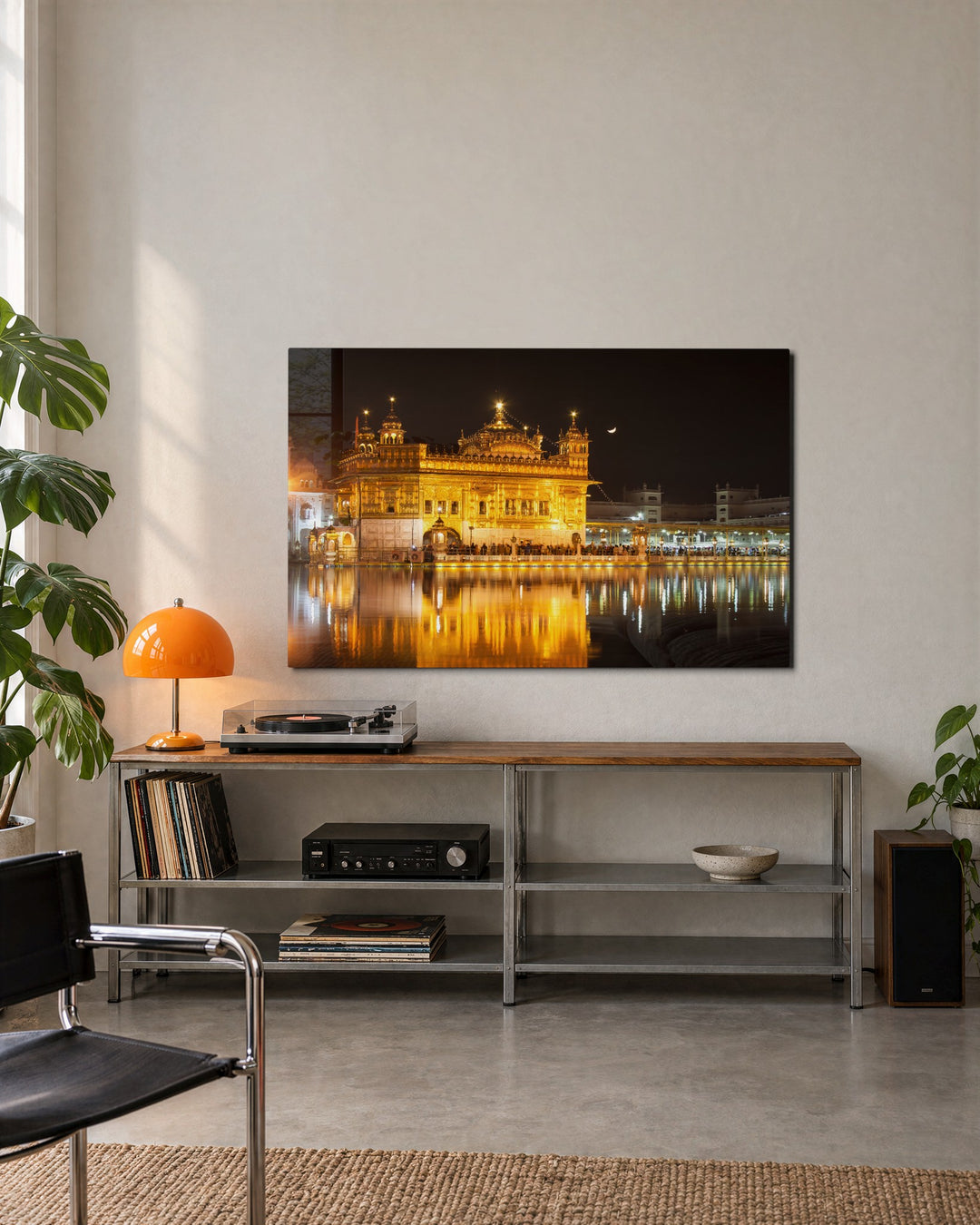 Golden Temple at Night glass wall art, lifestyle view