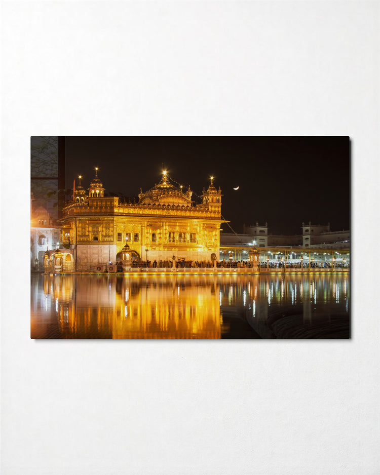 Golden Temple at Night glass wall art, front view