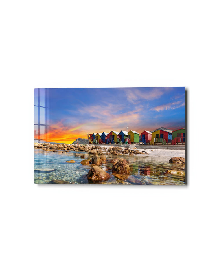 Beach Huts at Twilight glass wall art, studio view