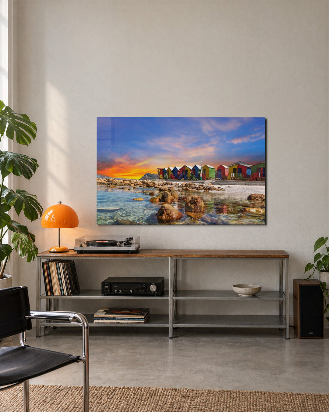 Beach Huts at Twilight glass wall art, lifestyle view