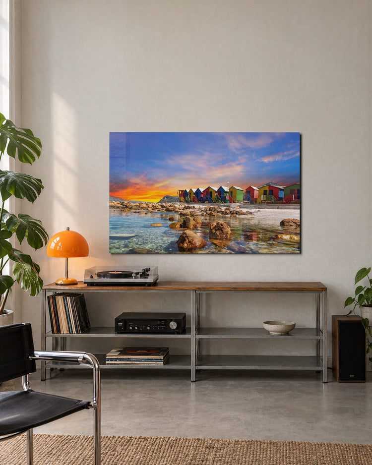 Beach Huts at Twilight glass wall art, lifestyle view