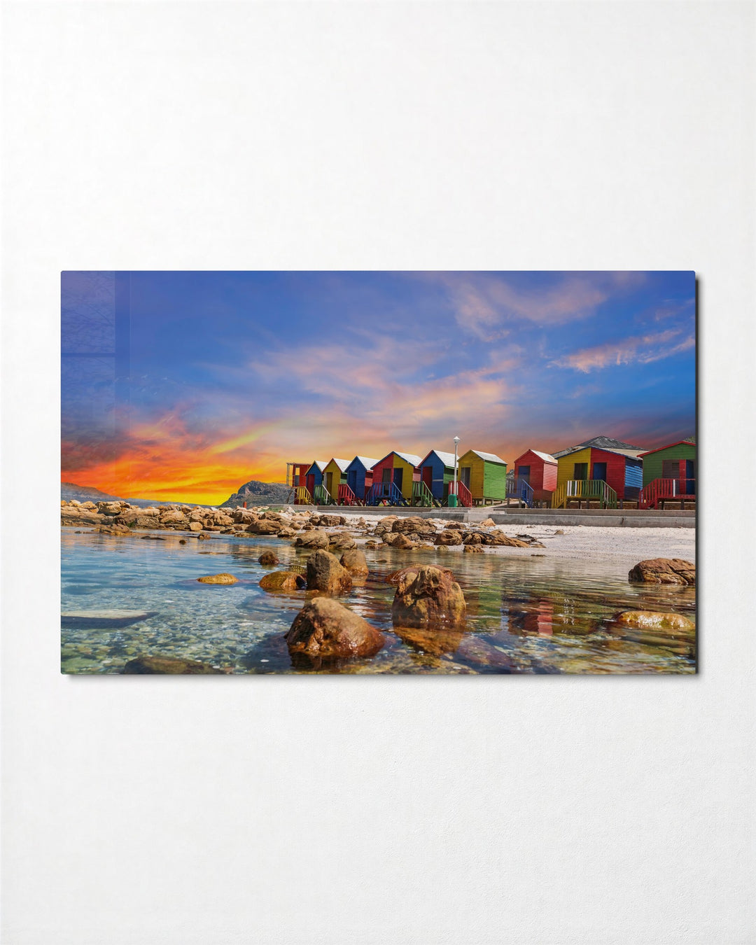 Beach Huts at Twilight glass wall art, front view