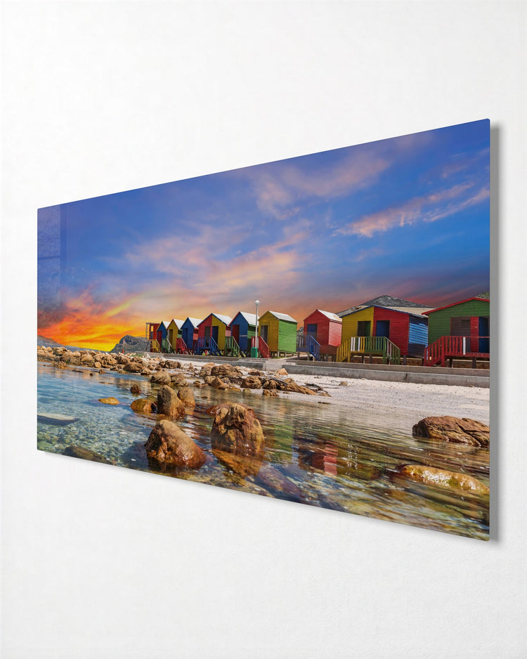 Beach Huts at Twilight glass wall art, side view