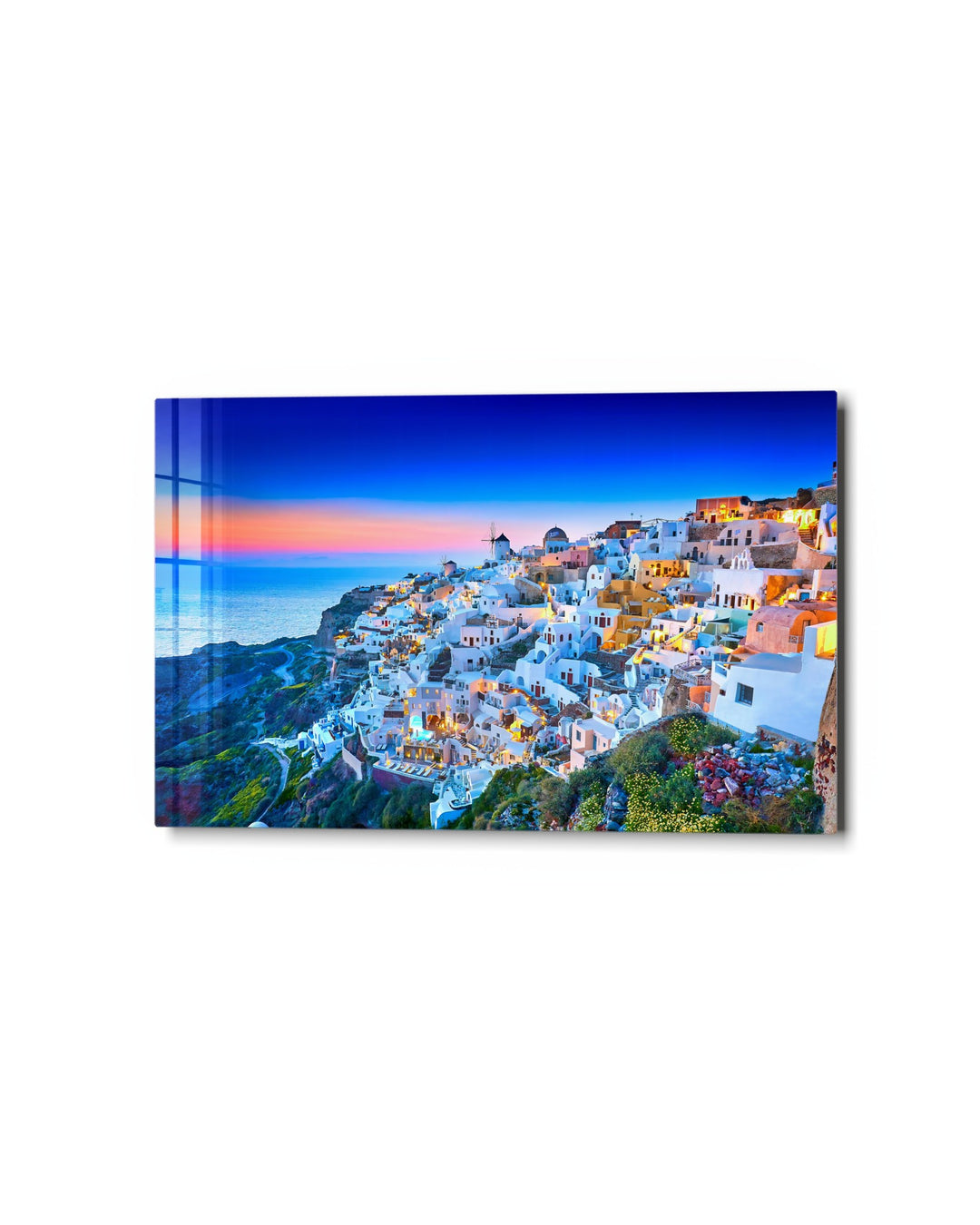 Cliffside Village at Dusk glass wall art, studio view