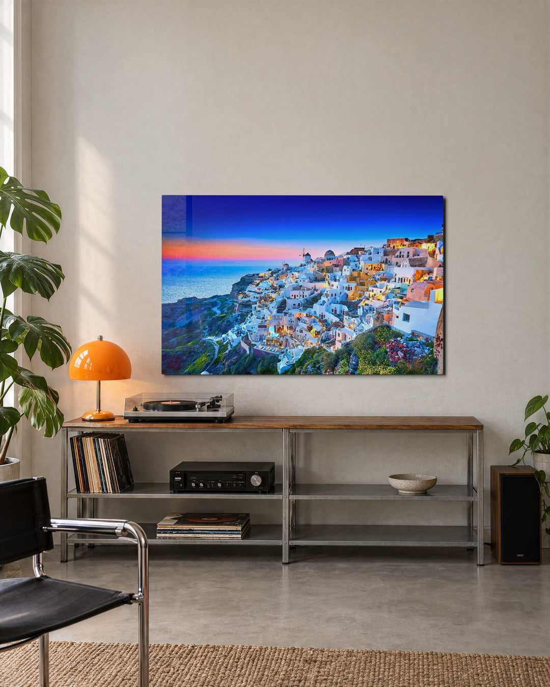 Cliffside Village at Dusk glass wall art, lifestyle view