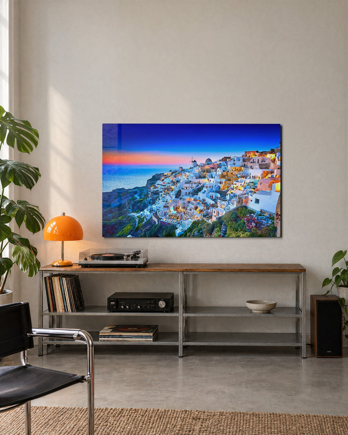 Cliffside Village at Dusk glass wall art, lifestyle view