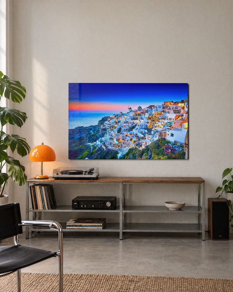 Cliffside Village at Dusk glass wall art, lifestyle view