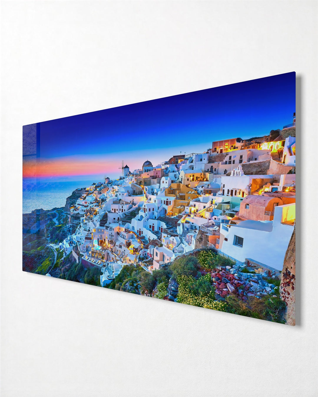Cliffside Village at Dusk glass wall art, side view