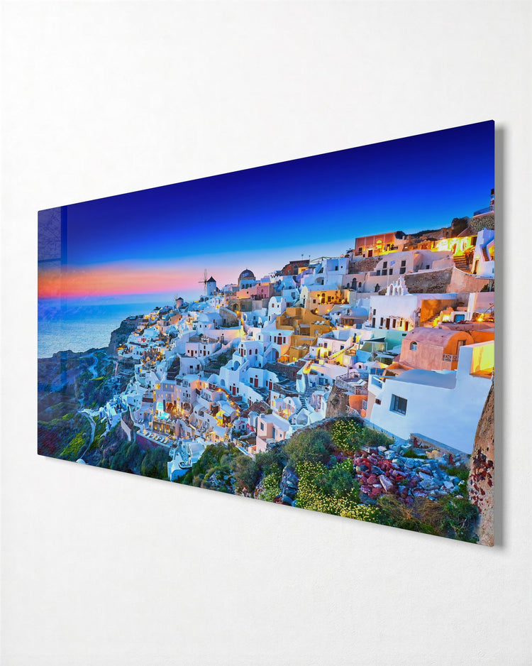Cliffside Village at Dusk glass wall art, side view
