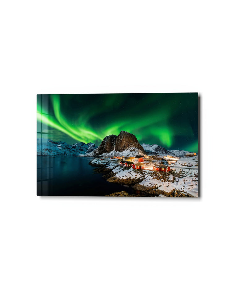 Northern Lights Over Red Cabins glass wall art, studio view