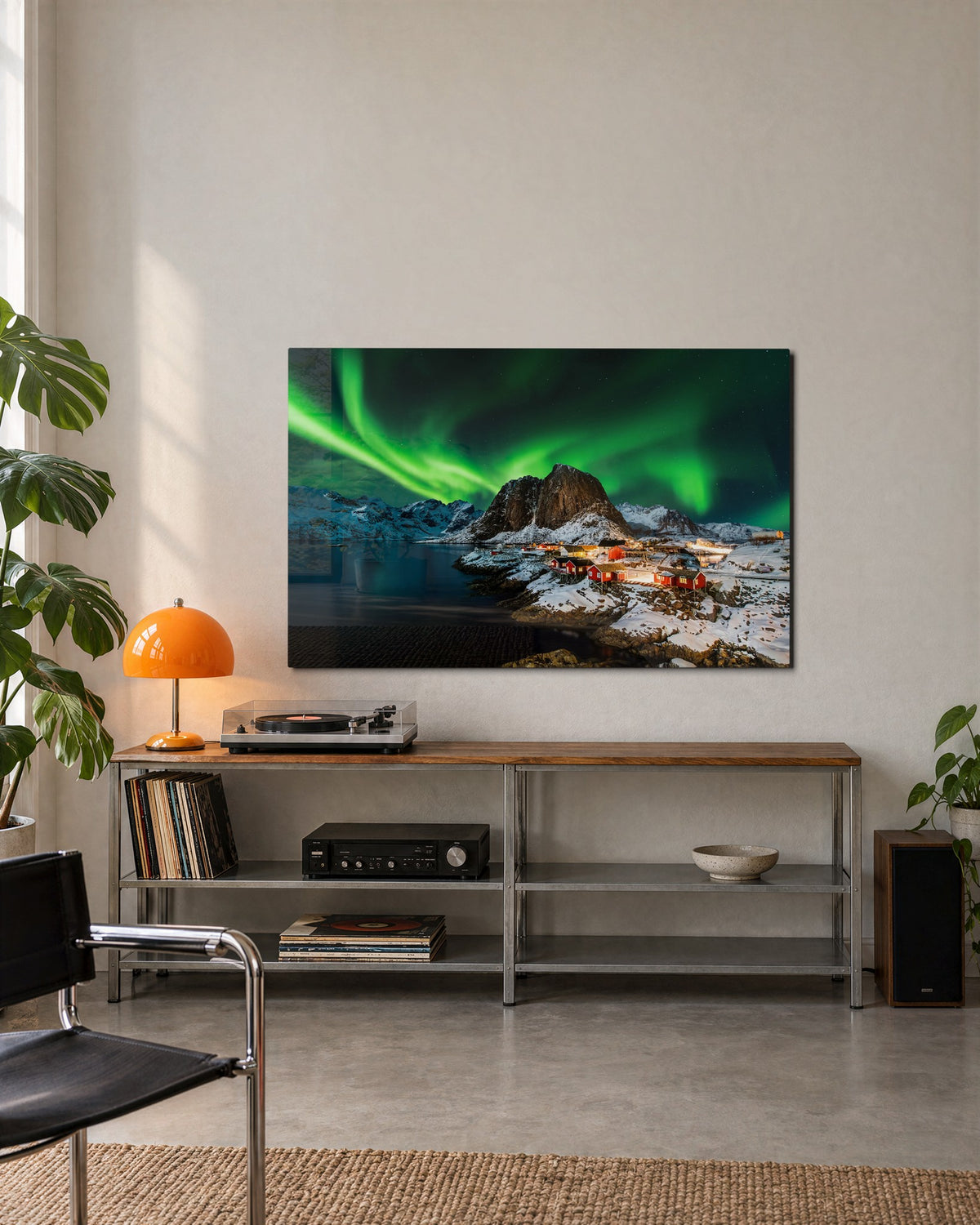 Northern Lights Over Red Cabins glass wall art, lifestyle view