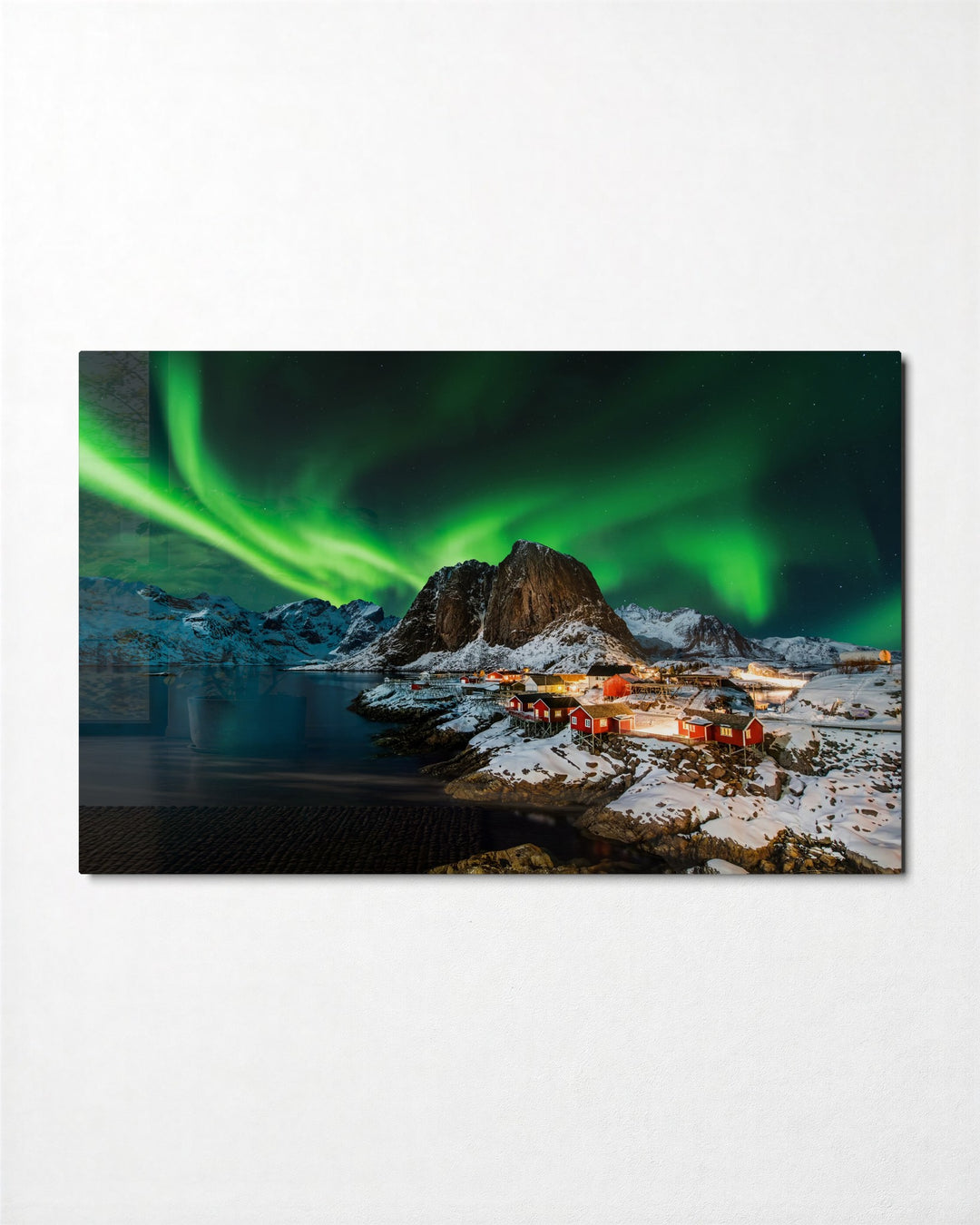 Northern Lights Over Red Cabins glass wall art, front view