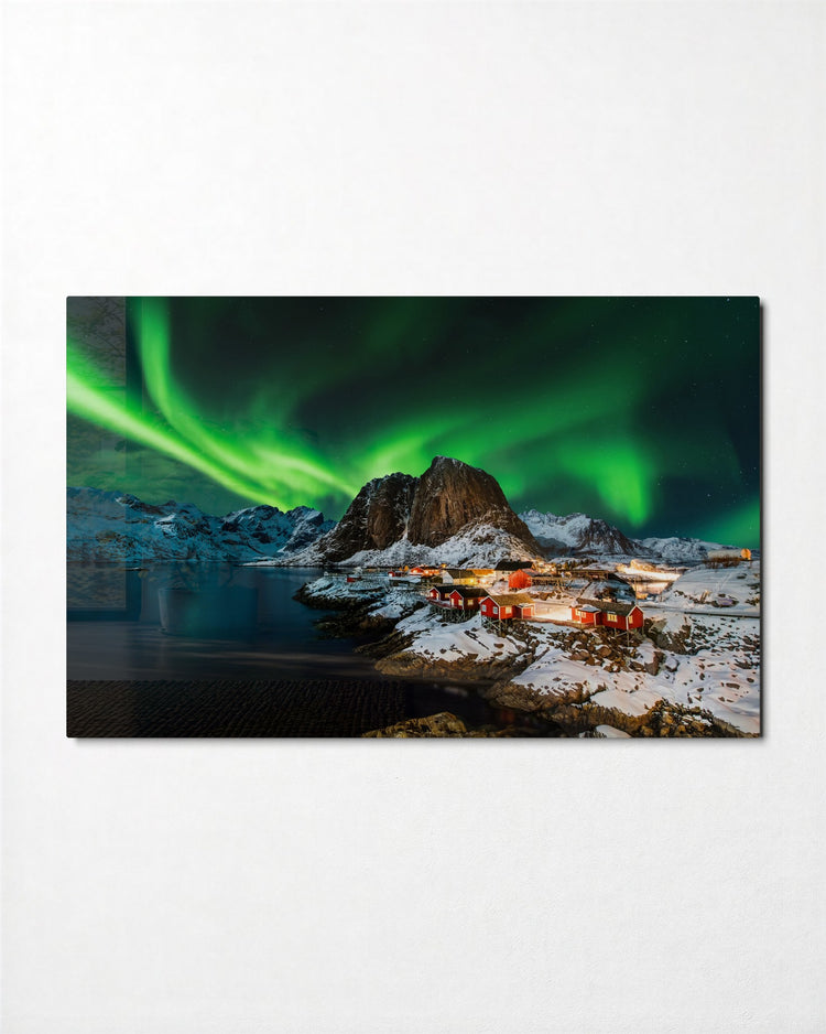 Northern Lights Over Red Cabins glass wall art, front view