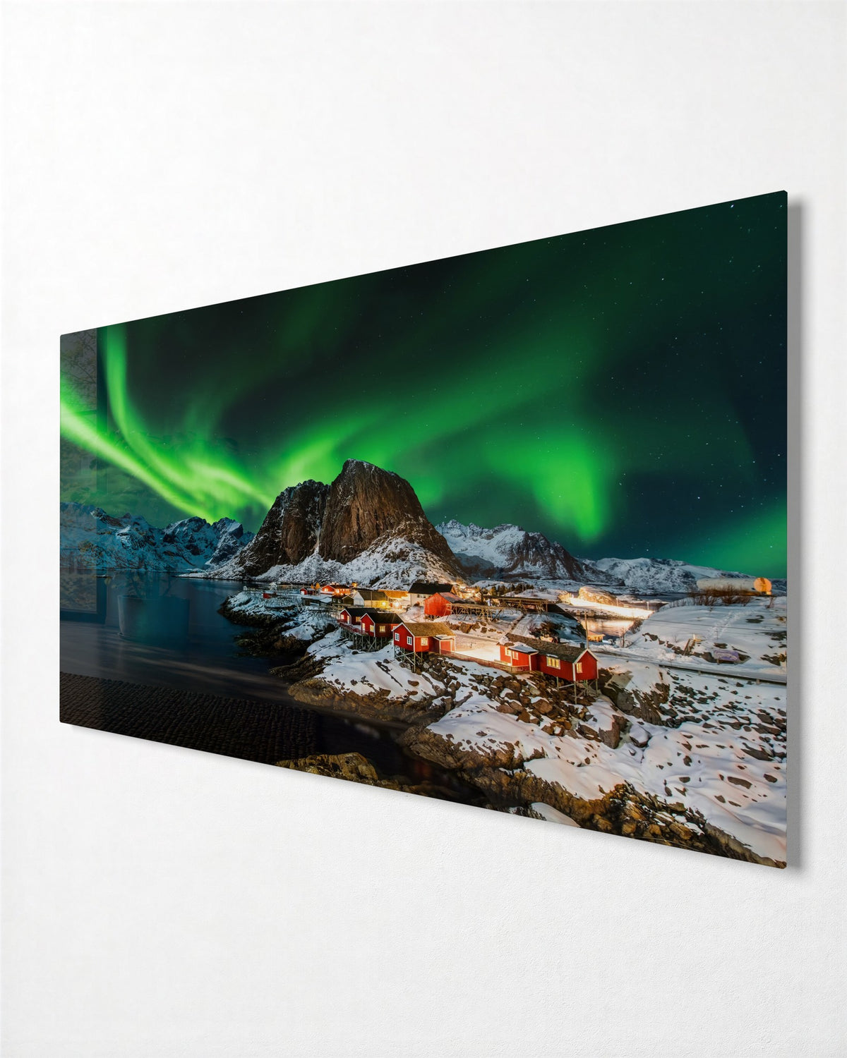 Northern Lights Over Red Cabins glass wall art, side view