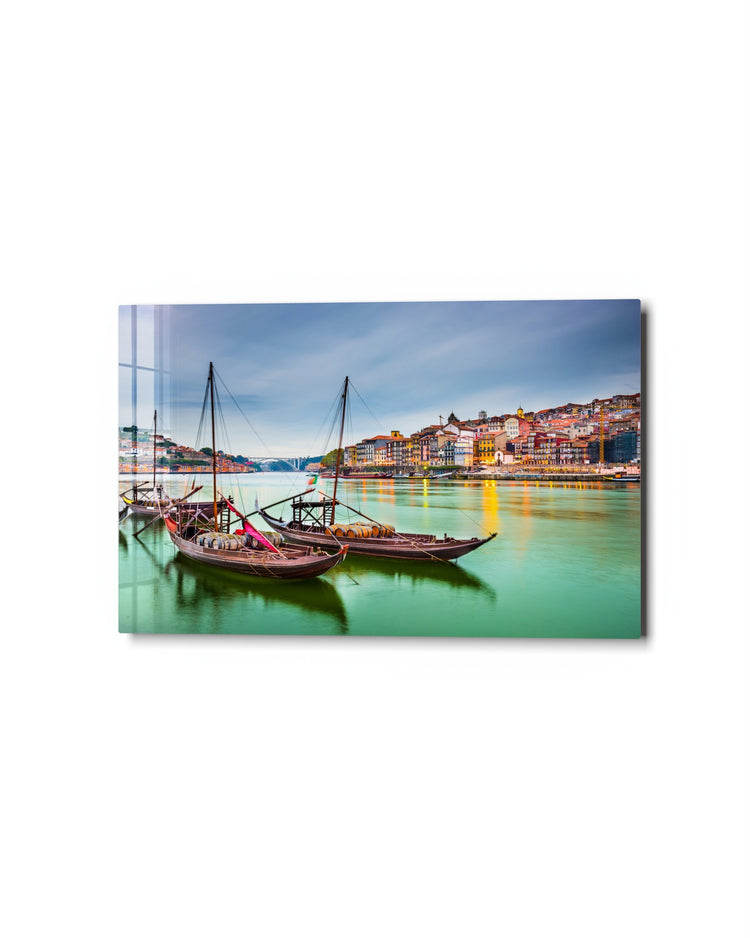 Old Town Riverside Boats glass wall art, studio view