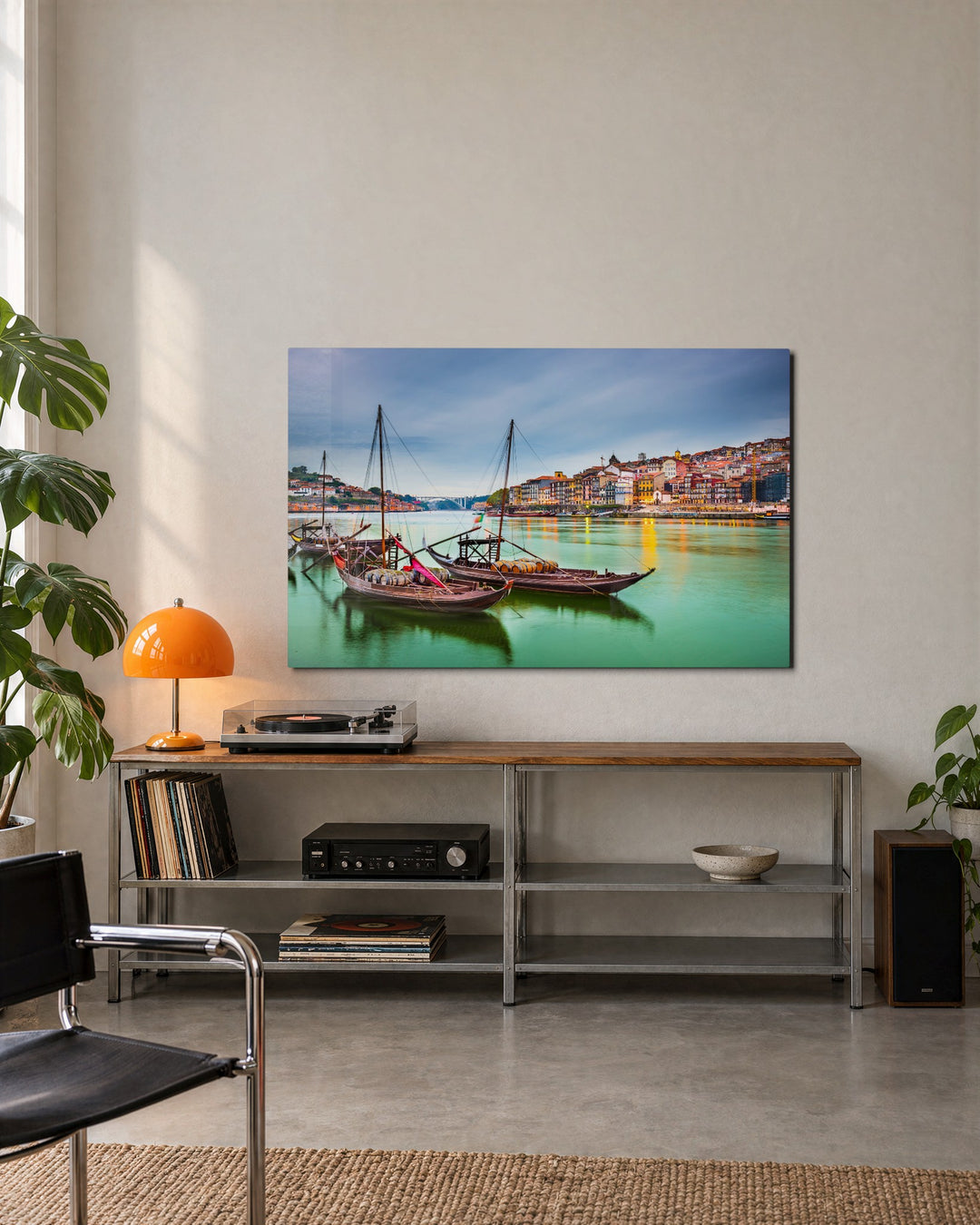 Old Town Riverside Boats glass wall art, lifestyle view