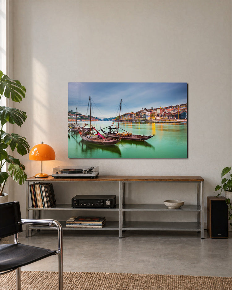 Old Town Riverside Boats glass wall art, lifestyle view