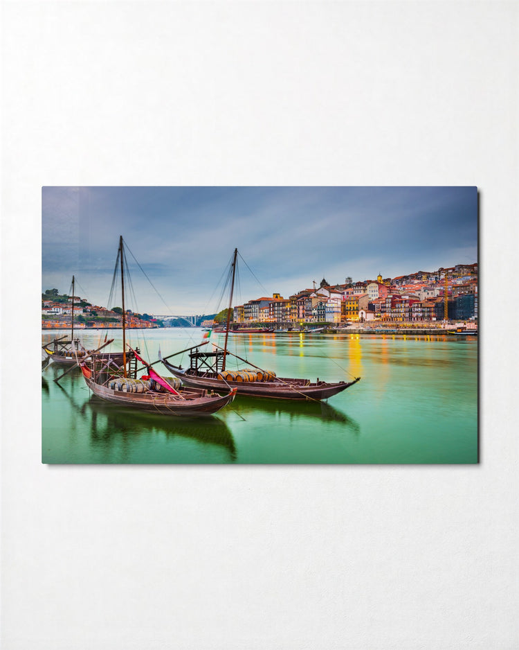 Old Town Riverside Boats glass wall art, front view