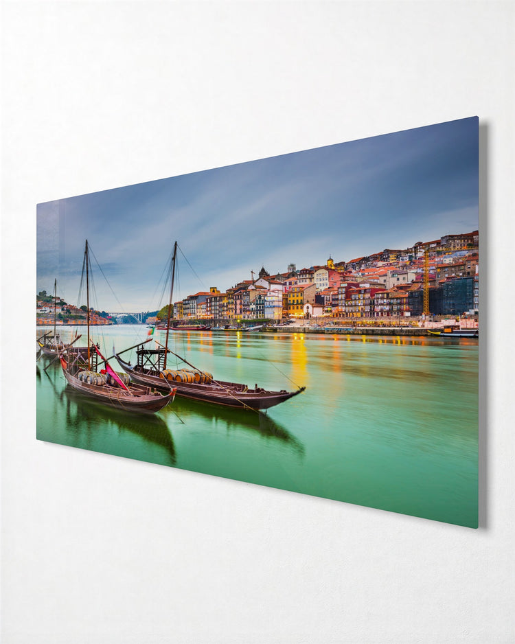 Old Town Riverside Boats glass wall art, side view