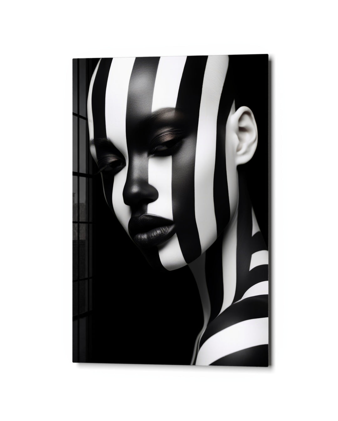Striped Profile Portrait glass wall art, studio view