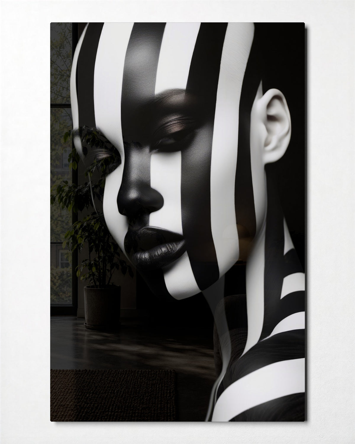 Striped Profile Portrait glass wall art, front view