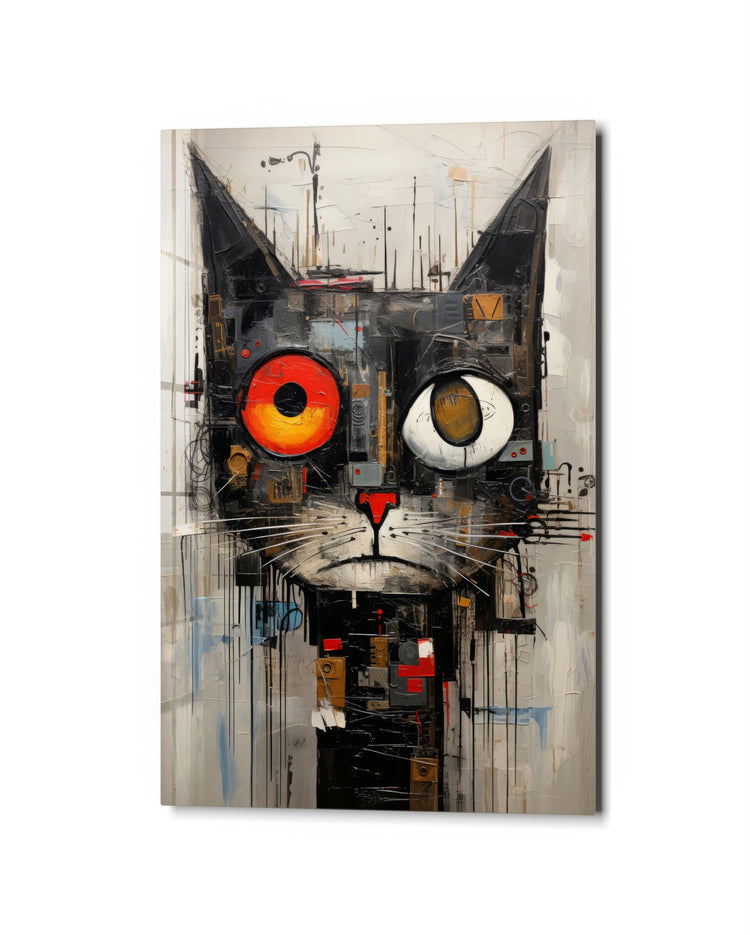 Odd-Eyed Collage Cat glass wall art, studio view