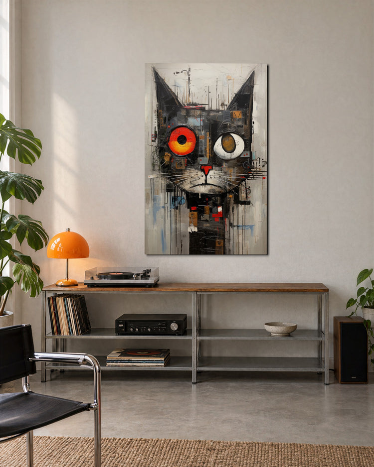 Odd-Eyed Collage Cat glass wall art, lifestyle view