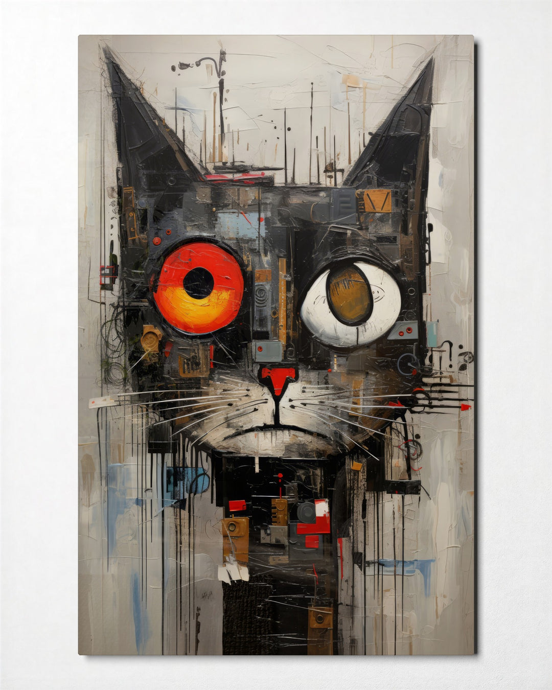 Odd-Eyed Collage Cat glass wall art, front view