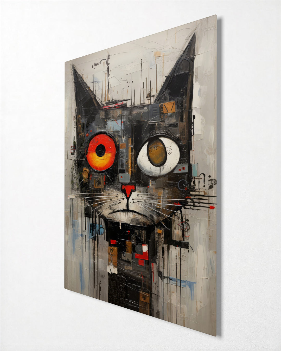 Odd-Eyed Collage Cat glass wall art, side view